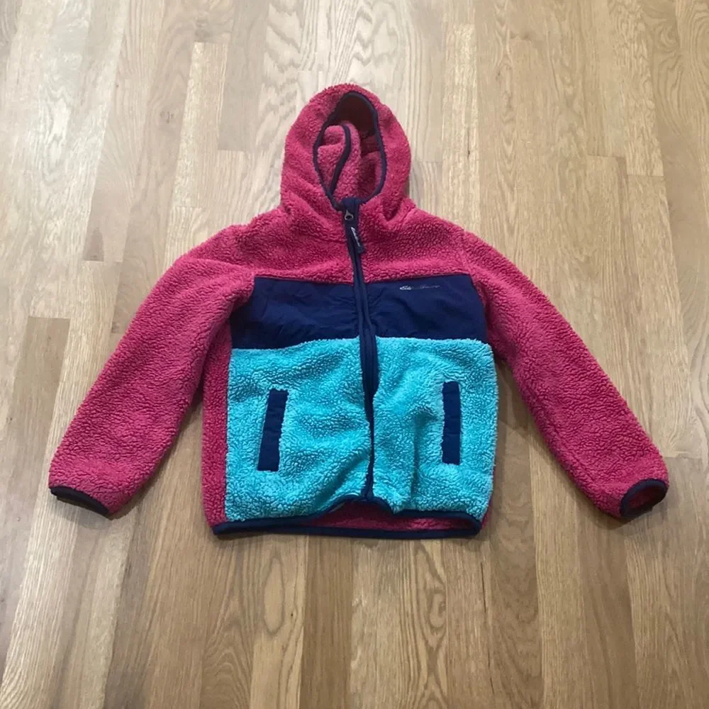 Eddie Bauer Girl’s Pink Blue Nylon Full Zip Sherpa Fleece Jacket Coat